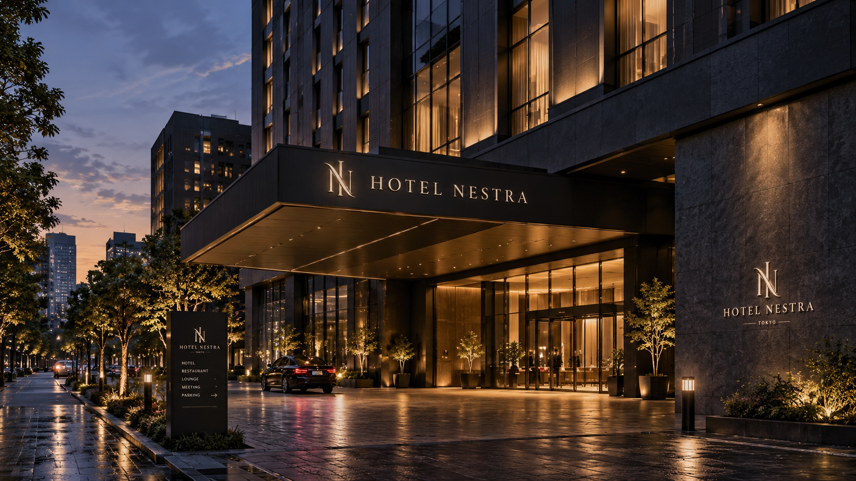 夕暮れのHOTEL NESTRA外観