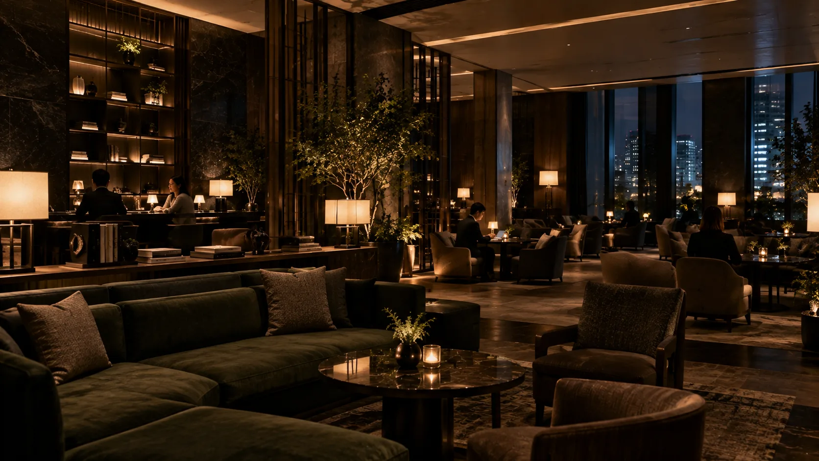 落ち着いた照明とソファを備えたHOTEL NESTRAのロビー