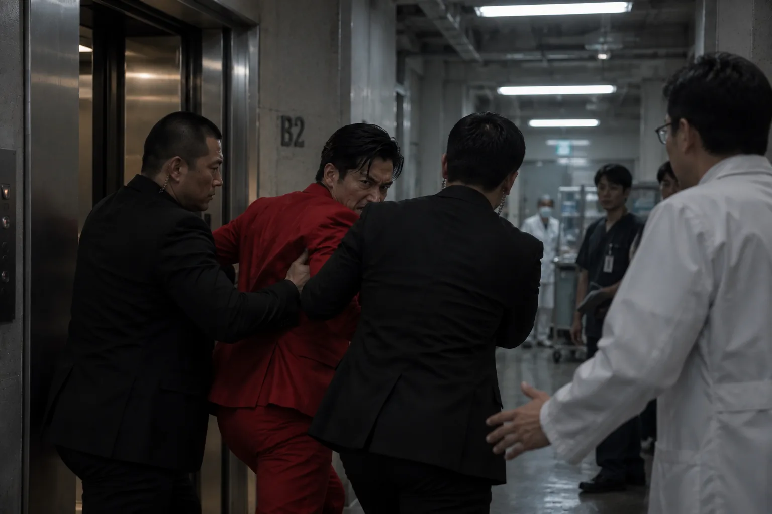 地下2階で抵抗する管理番号031がホテル警備から白衣のスタッフへ引き渡される記録